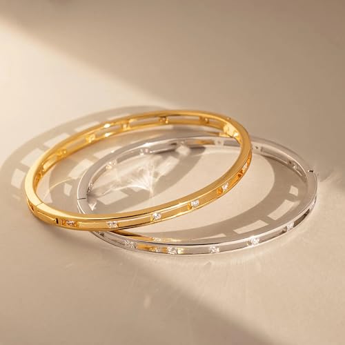 CAITLYNMINIMALIST 18K Gold Plated Sterling Silver Classic Dainty Elegant Gold CZ Diamond Opal Bangle Stacking Cuff Bracelet for Women Gift for Her3