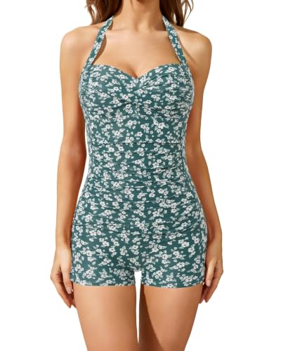 Image of Tempt Me Women Tummy Control One Piece Swimsuits with Shorts Boyleg Retro Bathing Suit Halter Swimwear