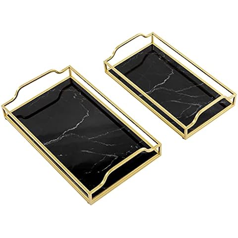 Decorative Tray, Marble Print Perfume Tray Handmade Vanity Tray with Gold Metal Handles Jewelry Tray Catchall Tray for Dresser Bathroom Vanity Table Set of 2 Cover