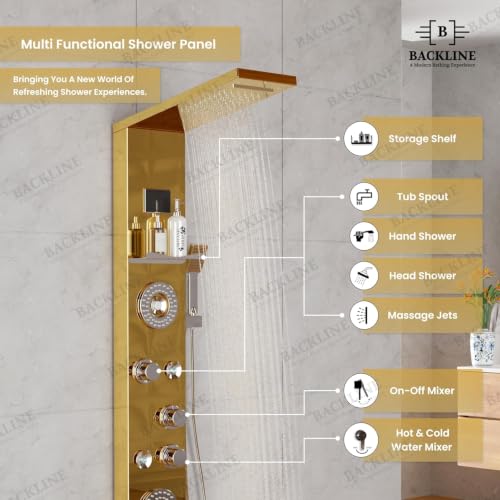 Image of Backline shower panel | 8 In 1 Shower System 304 Grade Stainless Steel Thermostatic Shower With Storage Shelf, LED Rainfall Shower,Hot & Cold Adjustable,Massage Spray,Hand Shower & Water Spout (Gold)