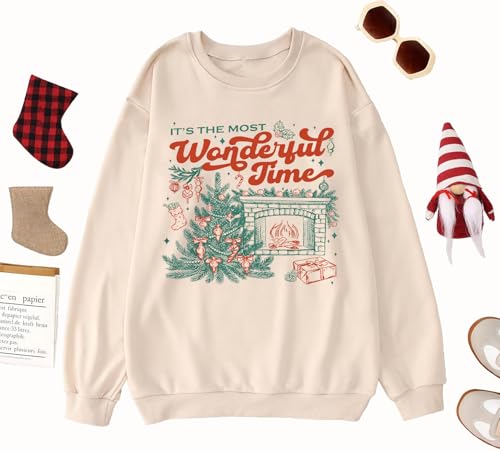 Vlinphin Christmas Sweatshirts for Women: Funny Christmas Tops Merry And Bright Xmas White Long Sleeve Graphic Pullover