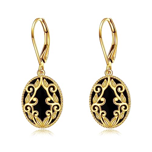 Gold Black Earrings Yellow Gold Oval Drop Earrings 10k Gold Black Onyx Filigree Boho Dangle Earrings Jewelry Christmas Gifts for Women
