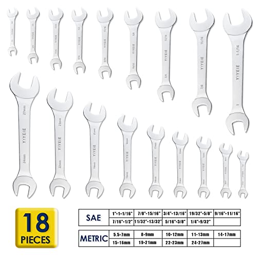 YIYEIE 18pcs Super-Thin Open End Wrench Set, Metric & SAE, 5.5mm to 27mm, 1/4" to 1-1/16", CR-V Steel with Mirror Finish, Ultra-Slim Wrench Set with Rolling Pouch - Image 2