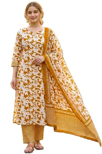 Image of Women's Cotton Printed A-Line Kurta Pant & Dupatta Set | Floral A Line Kurta with Pants | 3 Piece Ethnic Suit Set | Daily, Office & Casual Wear | Co-Ord Set