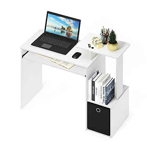 Image of Furinno ECON Desk, Gaming Desk with Keyboard Tray, Computer Desk, Office Desk with Side Shelves and Storage Bin for Home Office, Plain White