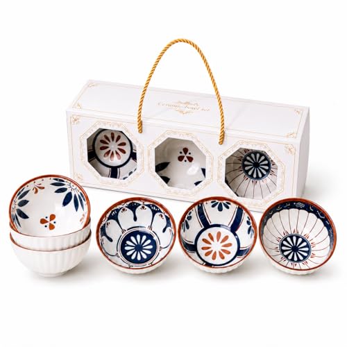 Image of Japanese Ceramic Bowl Set of 6 | 300ML Ribbed Soup & Rice Bowls with Hand-Painted Blue Patterns | Porcelain Bowls for Ramen, Snacks, Desserts & Everyday Dining (Olive & Ocean)