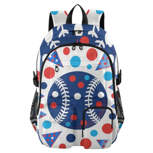 Mochila de oficina grande de 17.5 pulgadas azul y roja con estampado deportivo de béisbol