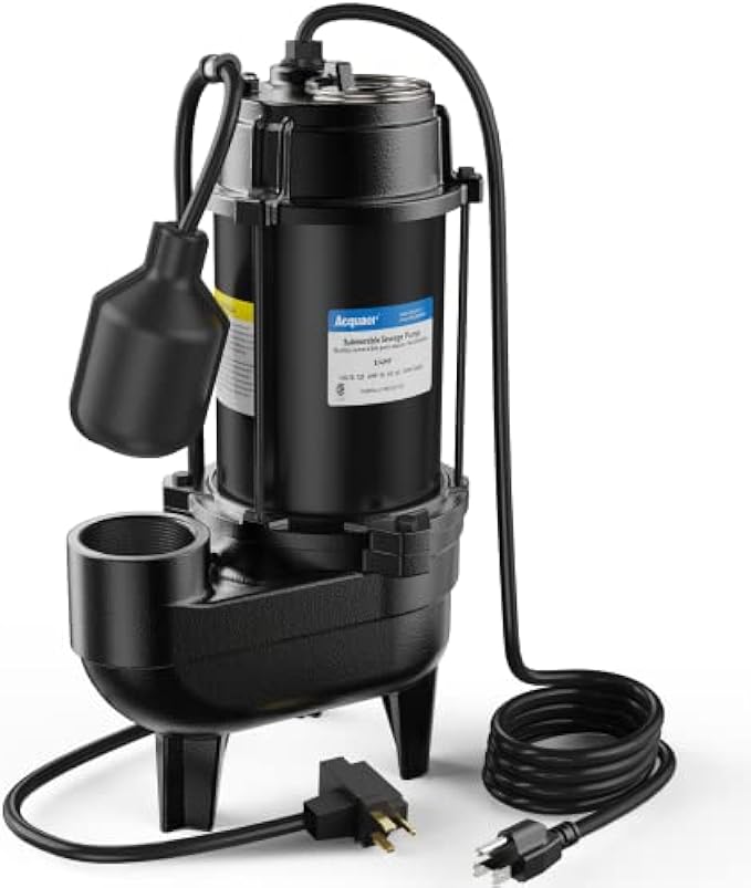 Acquaer 3/4HP Submersible Sewage/Effluent Pump, Cast Iron, 115V 6400 GPH Automatic Tethered Float Switch, Sump Pump for Septic Tank, Basement, Residential Sewage, 2'' NPT Discharge