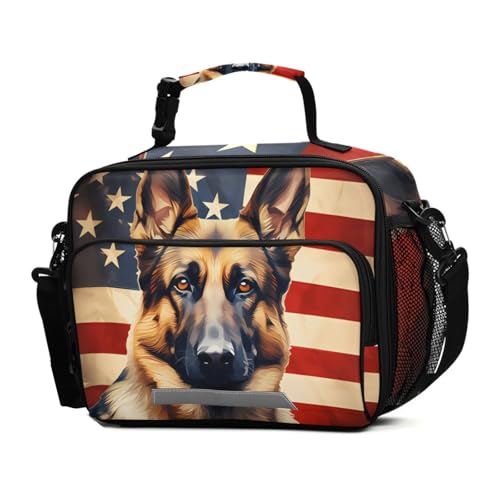 BOENLE Dog German Shepherd American Flag Lunch Box for Boys Girls Insulated Lunch Bag Kids Cooler Tote Shoulder Strap Reusable School Picnic Travel