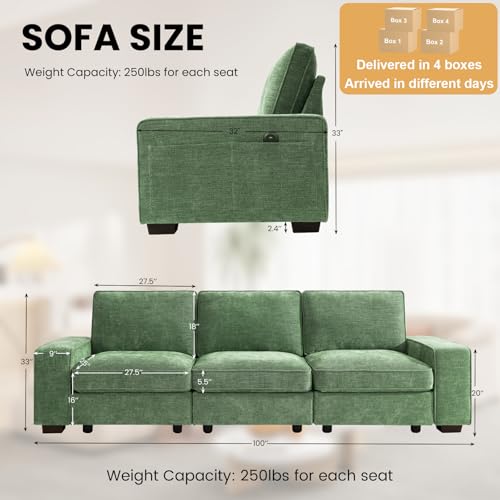 Image of TEKAMON 100 inch Modular Sofa with Seats Storage, Comfy 3-Seater Chenille Fabric Couch for Living Room, Office, Apart W /Deep Seat, USB Charging, Upholstered Couch with Removable Cover(Green)