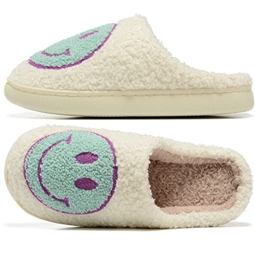 Image of Retro Fuzzy Face Slippers for Women Men, Retro Soft Fluffy Warm Home Non-Slip Couple Style Casual Smile Face Slippers Indoor Outdoor Anti-Skid Warm Cozy Foam Slide Fuzzy Slides with Soft Memory Foam Shoes