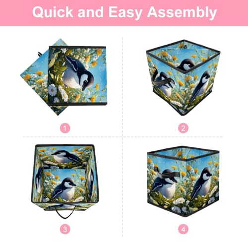 Bac de rangement cube pingouin avec poignées en cuir, panier maison