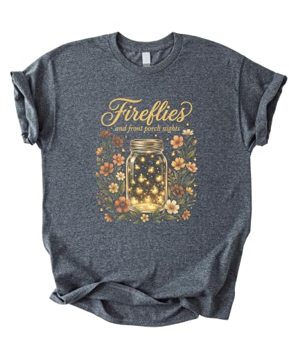 Fireflies Front Porch Nights Mason Jar Floral Botanical Graphic Tee Cottagecore Country Summer Nature Top Shirt(-Dark Grey-Adult Medium)
