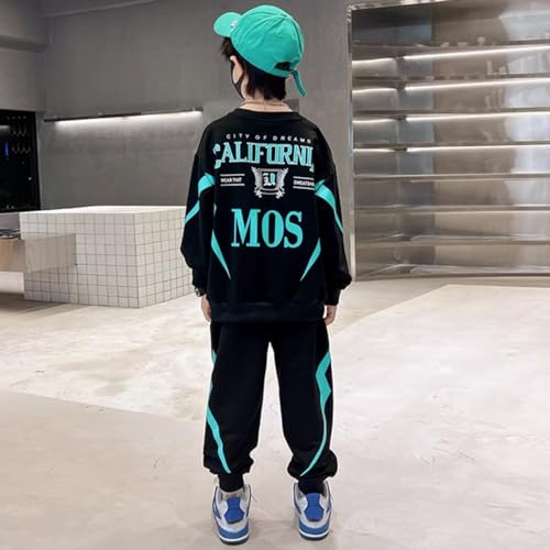 linboo Dres treningowy dla chłopców, 2-częściowy zestaw odzieży do joggingu, bluza z kapturem i spodnie, odzież sportowa, zestaw odzieży rekreacyjnej, czarny/zielony, 134-140