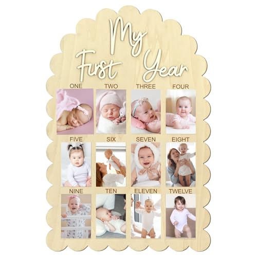 Cinnvoice My First Year Photo Board Scalloped 33 x 22 Inch Wood Picture Frame 1st Birthday Decorations 12 Months Milestone Photo Display Board for Newborn Keepsake Nursery Decor Fits 4x6 Picture