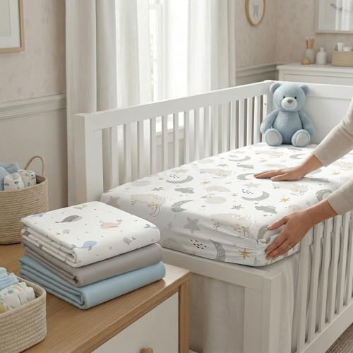 Image of 4 Pack Bassinet Fitted Sheets Compatible with 21 inch x 35 inch Amke, Ezebaby, Evolur Stellar and Mereryi Baby Bassinet, Soft and Skin-Friendly, Blue Dolphin & Cloud
