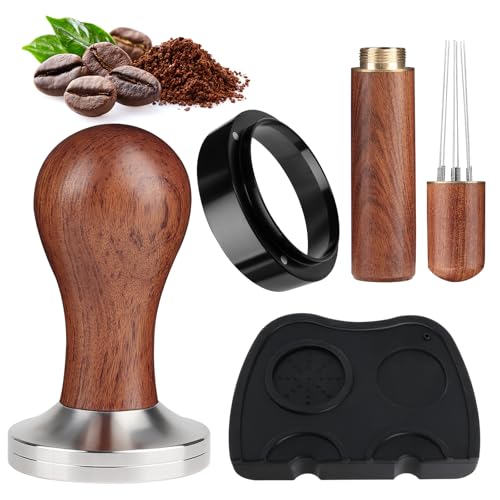 kaxay Kaffee Tamper 51mm Espresso Wdt Tool Espresso mit 6 0.4mm Dickem Edelstahl Espresso Dosierring 51mm Tampermatte für Barista und Kaffeeliebhaber