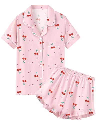 QZH.DUAO ガールズパジャマセット 綿100% 寝間着 ボタンダウン 半袖 フリル付きショーツ 2ピース PJS 5-14, ピンク&チェリー, Mediumの商品画像（Amazon）