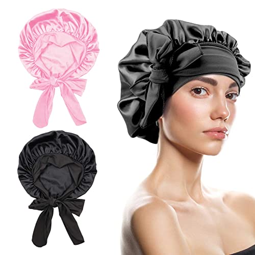 AYNKH 2PCS Satin Sleep Cap with Tie Band