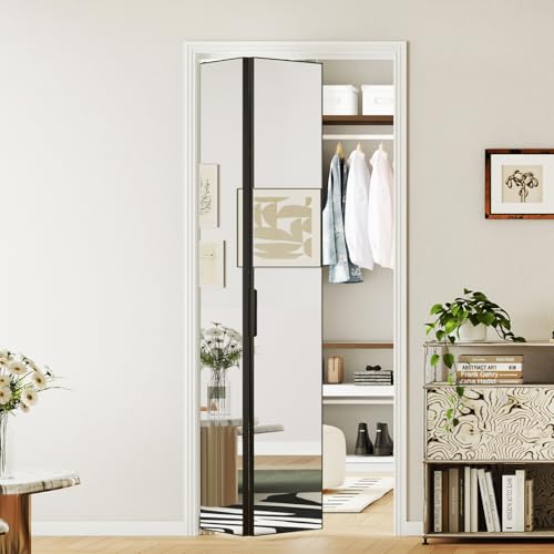 Image of Bifold Door for 24 inchx80 inch Opening, Preassembled Aluminum Alloy Mirrored Folding Door with Hardware Kit Included, Interior Bi fold Barn Door for Bedroom & Closet, Black