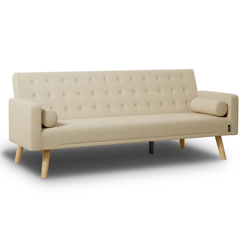 Nalui - Sofá Cama 3 Plazas Acolchado 203x82x78cm One Dots, 2 Cojines y Apertura Clic-Clac con Dif. Grados de Reclinación. Sofá Cama Chaise Longue con Patas de Madera Convertible en Cama Doble | Beig
