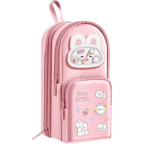 Image of Cute RABIT Pencil Pouch for Girls Large Capacity Pen Bag with 3 Layers & 6 Pockets Multi-Functional Hanging Pencil Case for Kids, Students & Office Use Pink Aesthetic Stationery Organizer