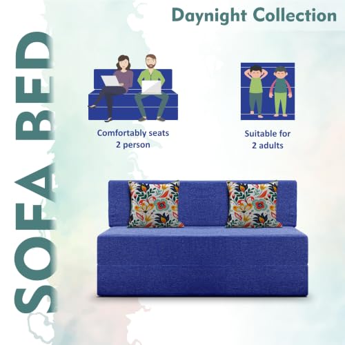 Image of Los Angeles Foldable Two Seater Sofa Cum Bed, Sofa Bed 4 X 6 Feet Jute Fabric Washable Cover- Including Cushion Perfect for Living Room - Blue