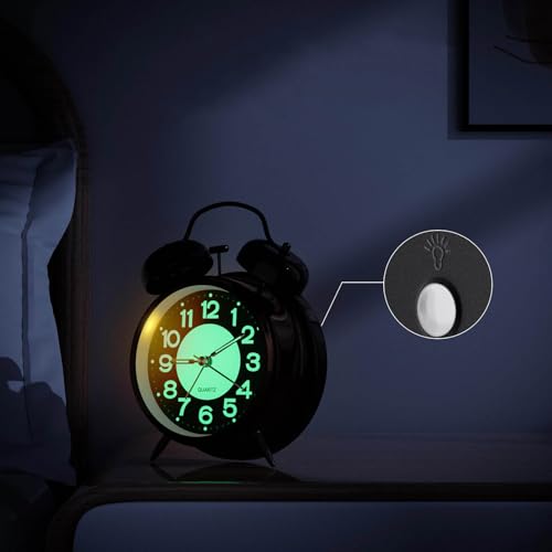 Image of Azyh Loud Alarm Clock for Heavy Sleeper, 4 Inches Twin Bell Battery Operated Metal Alarm Clocks with Night Light for Bedrooms, Retro Analog Alarm Clock for Adults, Silent Non-Ticking (Black Nickel)