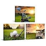 iKNOW FOTO 3 Piece Sports Canvas Wall Art Golf Course Scenery Sunset Framed Print Artwork for Home Decor Ready to Hang Each 12'x16'