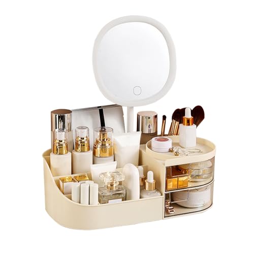 DASITON Makeup Organizer with Rechargeable Mirror Makeup Brush Holder with 2 Drawers Skincare and Cosmetics Organizer Countertop Large Capacity Cosmetic Display Case for Vanity Bedroom Bathroom(Cream)