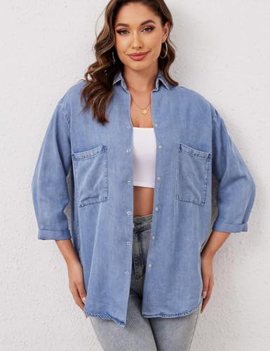 Yimoon Womens Denim Shirt Chambray Blue Button Down Jean Shirt Denim Tops Soft Tencel Casual 3/4 Sleeve Jacket2