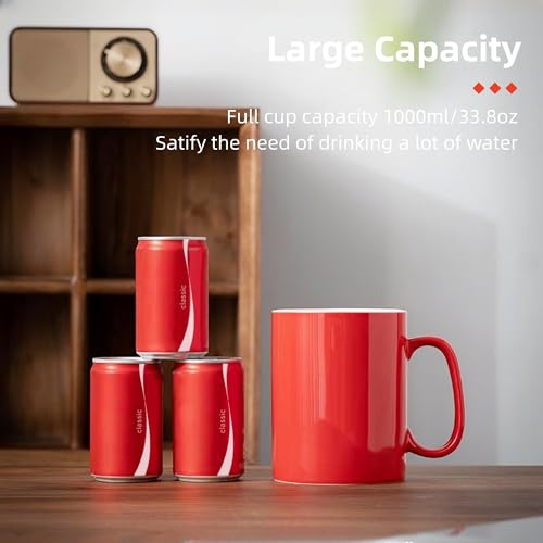 Taza grande de cerámica 33 oz con tapa y asa roja miniatura 5