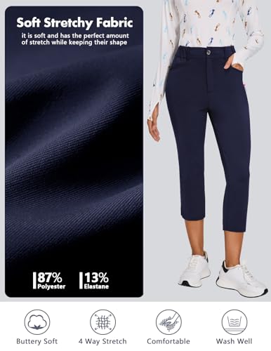 SERSARY Golfhose Damen 7/8 Golf Hose Stretch mit Rechte Reißverschlusstasche Gürtelschlaufen Soft Golf-Hosen Caprihosen Leichte Jogginghose,Dunkelblau,2XL