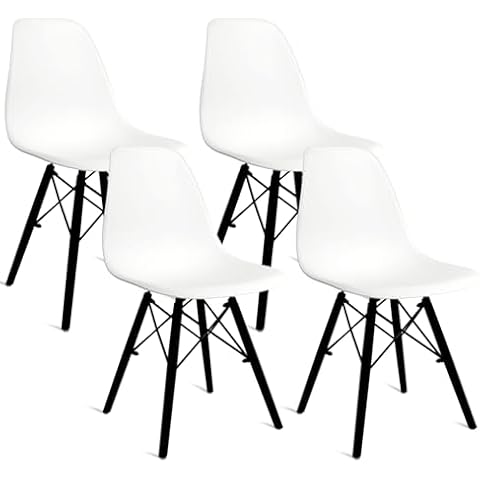 CangLong Modern Plastic Dining Chairs with Wood Legs, Mid Century Modern Accent Chairs for Kitchen, Dining & Living Room, Set of 4, White Cover