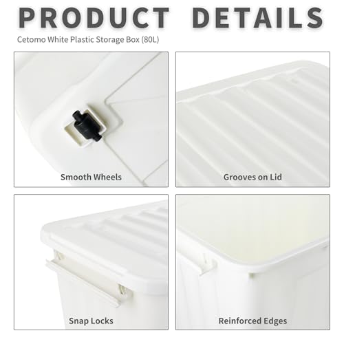 Cetomo Plastikowe pudełko do przechowywania, 80 l x 6, białe, pudełko na zakupy, pojemnik organizacyjny z wytrzymałą pokrywką i bezpiecznymi klamrami zatrzaskowymi, można układać w stos, 6 sztuk, z