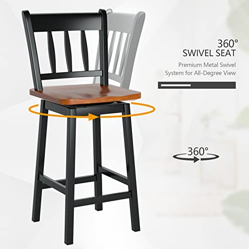 Butacos COSTWAY, Set de 2, Altura de Barra de 24,5 pulgadas, con Asiento de Madera Sólida de Caucho, Giro de 360°, Reposapiés y Espaldar, Ideales para Isla de Cocina, Encimera o Pub (Negro) miniatura 6
