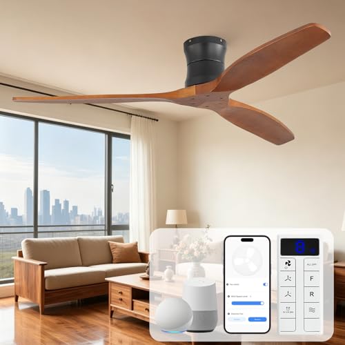 Sofucor 52 Smart Ceiling Fan No Light Solid Wood Low Profile Ceiling Fan with Remote Flush Mount Ceiling Fan Works with Alexa/Google/App 6-Speed Timing Reversible DC Motor for Living Room Bedroom