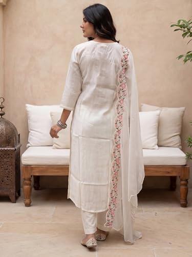 Image of INDO ERA Solid Straight Pure Cotton Kurta with Pant & Dupatta Set for Women