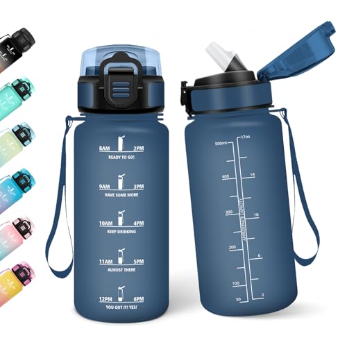 Borraccia, 500ML Con Paglia, Borraccia Bambini, Senza BPA, Borracce con Cannuccia, Bottiglia d'acqua Motivazionale con Indicatore del Tempo, Bottiglia Acqua per Scuola, Sport, Yoga - Blu navy