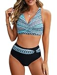 Nadeer Women's Two Piece Swimsuits Cross Wrap Front Bikini High Waisted Bikini Bottom Tummy Control Bathing Suits with Adjustable Straps Vintage Print Swimwear