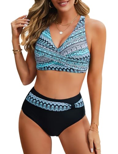 Nadeer Bikinis Mujer Push up Conjuntos de Bikini Cintura Alta Traje de Baño Sexy con Cuello en V Bañador Ropa de Playa Tops y Braguitas(Diseño Impreso,XL)