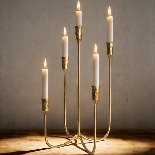 OIHYA Iron Tabletop Candelabra, Hand-Forged 5-Candle Cast Iron Candle Holder with Elegant Muted Vintage Gold Finish for Dining Room, Living Room, Mantel