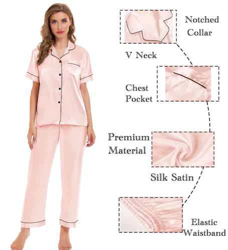 Image of SWOMOG Women Satin Pajamas Set Short Sleeve Top & Pants Sleepwear Silky Button Down Nightwear 2pcs Loungewear Pjs Set
