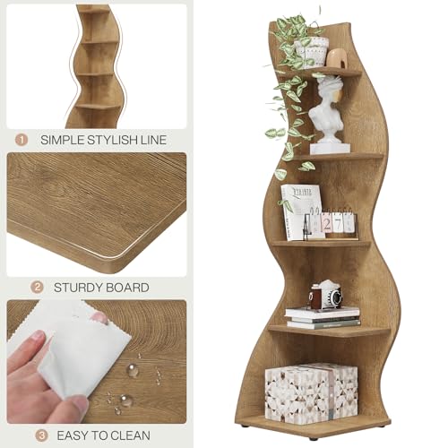 Image of Tribesigns Corner Shelf, Modern 5-Tier Wall Corner Bookshelf, Stylish Corner Small Bookcase Storage Rack Plant Stand with Unique Shape for Living Room, Home Office (Light Brown, 2PCS)