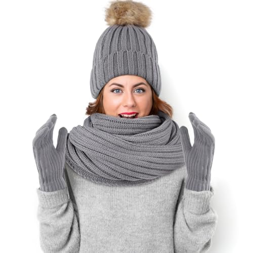 Cozy Women'S Winter Set: Beanie With Velvet Lining, Loop Scarf, And Touchscreen Gloves