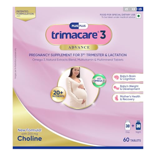 Image of TRIMACARE 3 Advance | Prenatal Vitamins For Pregnancy | 3rd Trimester| New Formula with Choline | Iron, Veg DHA Omega 3, Calcium | No Gas, Bloating, Or Constipation | Bowel Regulator | | 20+ essential nutrients (Pack of 3) | 60 X 3 Tablets |