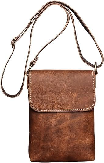 Sxminer Retro Small Shoulder Bag Men'S Genuine Leather Crossbody Bag Men'S Simple Mobile Phone Bag Cell Phone Crossbody Bag Adjustable Shoulder Strap