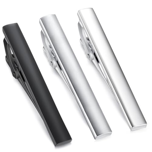 HONEY BEAR 3pcs Mens Tie Clip Set Tie Bar Normal Size 2.12inch for Wedding Gift 5.4cm (Silver Black with Box)