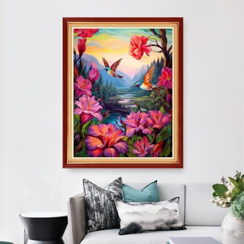 Image of Dimensean Stamped Cross Stitch Kits Full Range of Embroidery Patterns Starter Kits for Beginners Adult DIY Cross Stitches Needlepoint Kits 11CT-Hummingbird Flowers 16x20 inch
