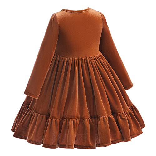 Toddler Little Girls Winter Velvet Ruffle Hemline Christmas Dress For Kids Long Sleeve Solid Color Princess Vintage Evening Party Gown Maxi Dresses Casual Fall Winter Outfit Coffee Yellow 3-4 Years #TOP3